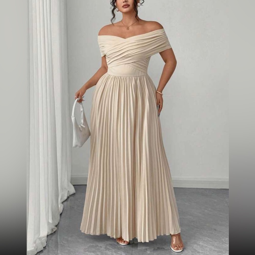 Elegant Off-Shoulder Pleated Maxi Dress in Beige